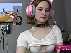 Teen with small tits gets spanked and cums while playing Minecraft