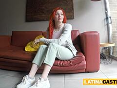 A reserved redheaded Colombian impresses her fake casting director with deepthroating and facial ejaculation
