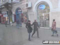 Fetish and erotic footjob video of Kira Queens in public