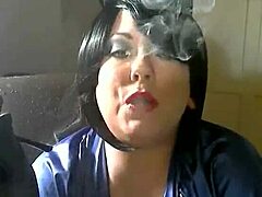 Chubby BBW Tina indulges in her smoking fetish with gloves and a cigarette holder