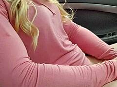 Blonde babe pleasures herself with butt plug and dildo in car