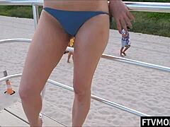 Cougar's public nudity in bikini outside